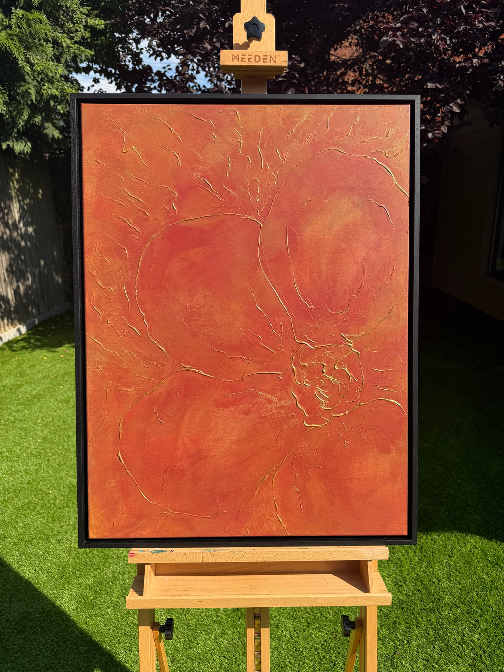 "Crimson Blossoming" original artwork on canvas (framed)