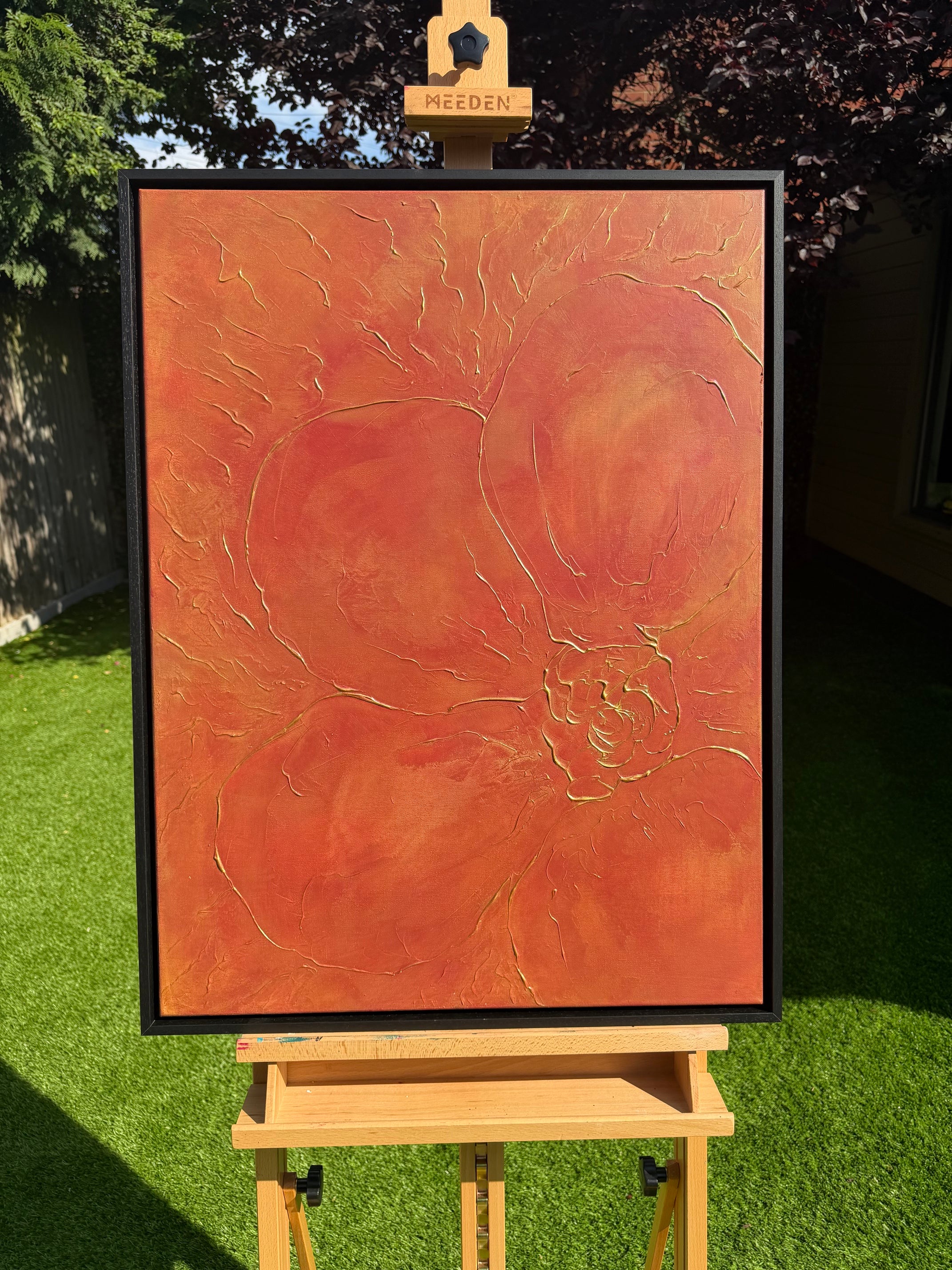 "Crimson Blossoming" original artwork on canvas (framed)