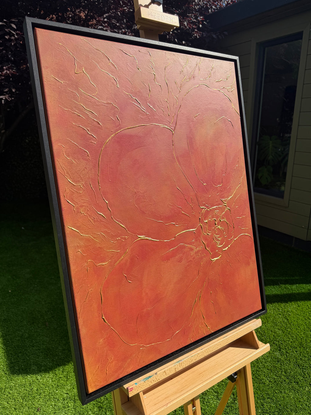 "Crimson Blossoming" original artwork on canvas (framed)